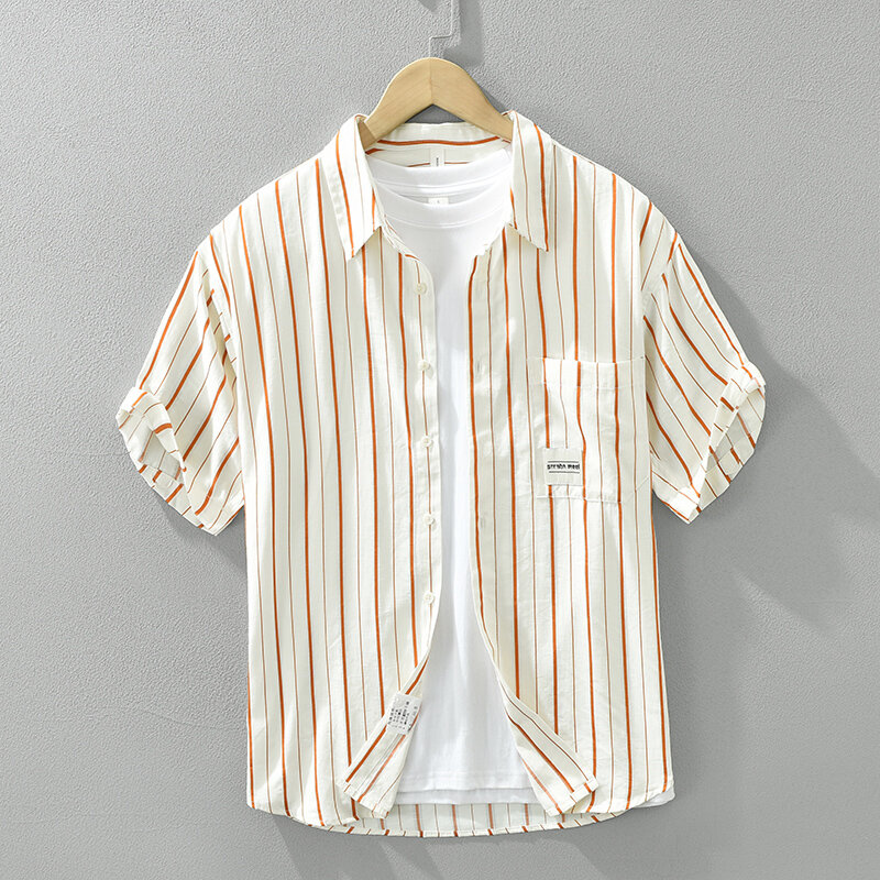 Chemises décontractées en coton pour hommes, chemise rayée à manches courtes, chemise boutonnée grande taille, mode
