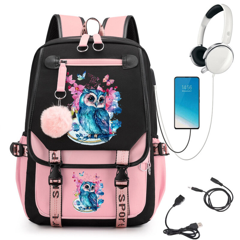 Tas ransel sekolah motif bunga burung hantu cat air tas sekolah imut kartun untuk siswa remaja tas buku Anime Laptop ransel remaja