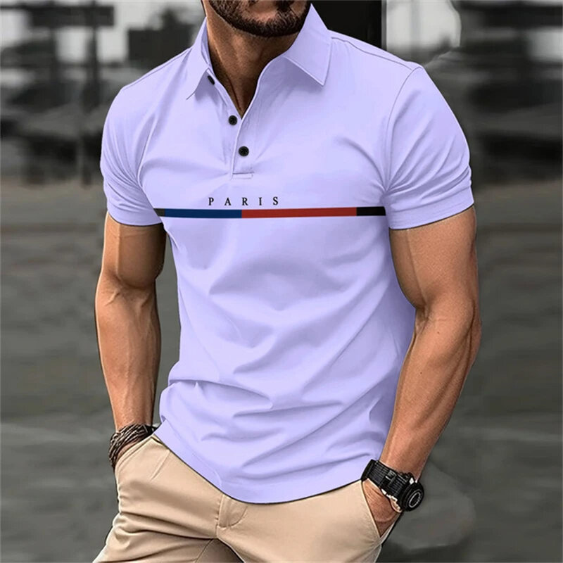Men's Polo Shirt Fashion Fun Letter Print Polo Shirt Casual Button Polo Breathable Dress Mens Short Sleeve Polo Shirt Tops