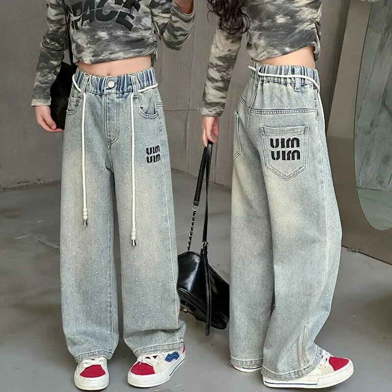 Dziewczęce gorące dżinsy z haftem diamentowym 2024, wiosenne dziecięce spodnie z szerokimi nogawkami, edycja koreańska, luźne spodnie dla dziewczynek 120-170 cm