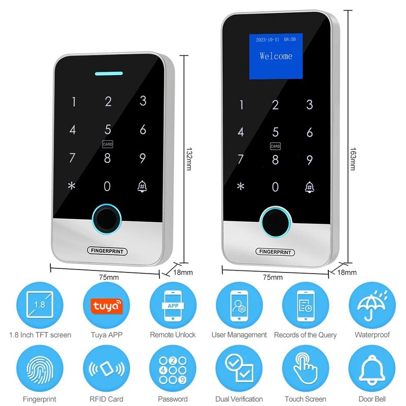 Tuya App-Smart Fingerprint RFID Controle de Acesso Teclado, Toque, IP65 Impermeável, 13.56MHz Porta Abridor, Keyless Lock System