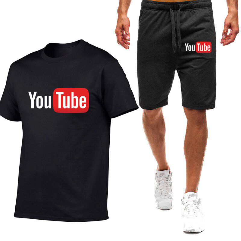 Moletons masculinos de manga curta estampados no YouTube, roupas casuais, calções da moda, verão, novo, 2022