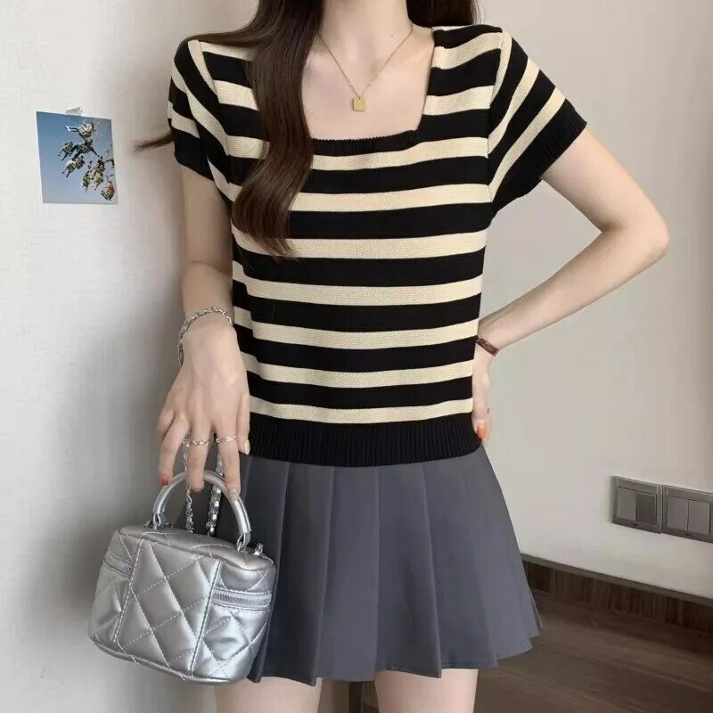 T-shirts Women Summer Fashion Korean Style Daily Striped Shinny Square Collar Chic Tender Charming Lovely Breathable New Cozy