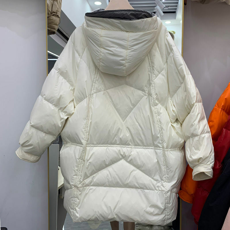Новинка 023, Женская куртка на белом утином пуху, зимнее пальто, женские парки средней длины, свободная верхняя одежда с капюшоном, плотное теплое облегающее пальто