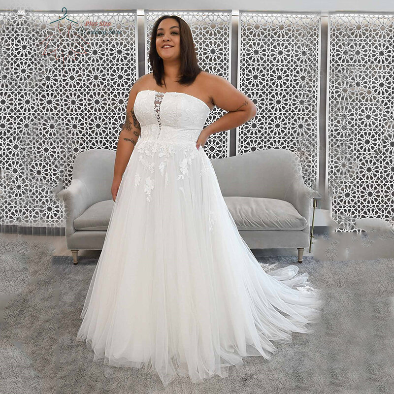 High Quality Wedding Dresses Plus Size Strapless Sleeveless Bride Gown With Lace Applique A-Line Sweep Train Robe De Mariée
