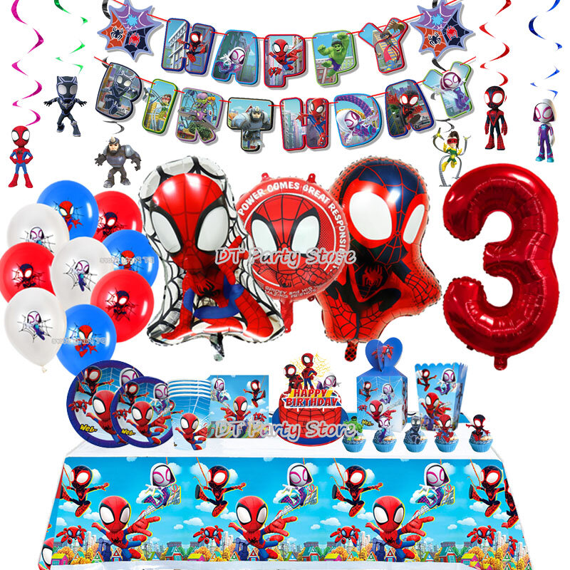 New SpiderMan Theme Birthday Party Decoration Marvel's Spidey And His Amazing Friends Aluminum Foil Balloon Disposable Tableware