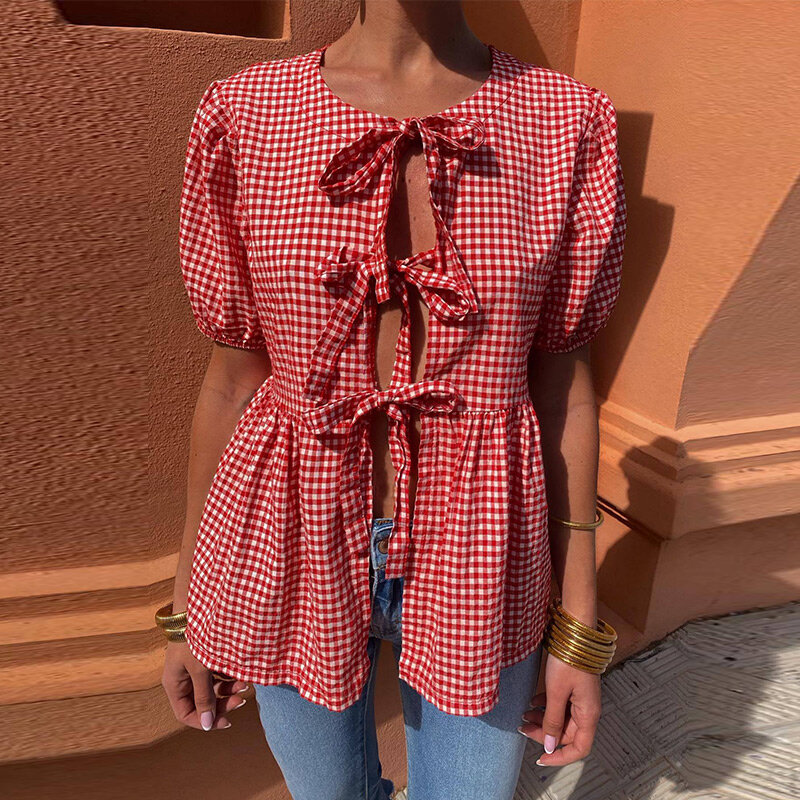Red Plaid O-neck Lace Up Women Shirts And Blouses Puff Sleeve Hollow Out Women's Shirt 2024 Summer Casual Ruffles Female Tops