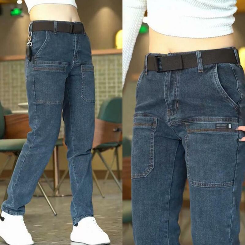 Men Denim Pants Retro Ankle Length Denim Jeans Trousers With Multi Pockets Soft Breathable Fabric For Men Mid Waist Straight Fit