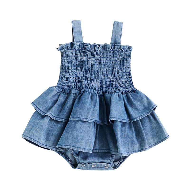 ในฤดูร้อนเด็กทารกเสื้อผ้าสาว Denim Romper ชุดกระโปรงจีบออกแบบ Ruffle Hem ด้านล่างกระดุมแบบกดติดน่ารัก Jumpsuit
