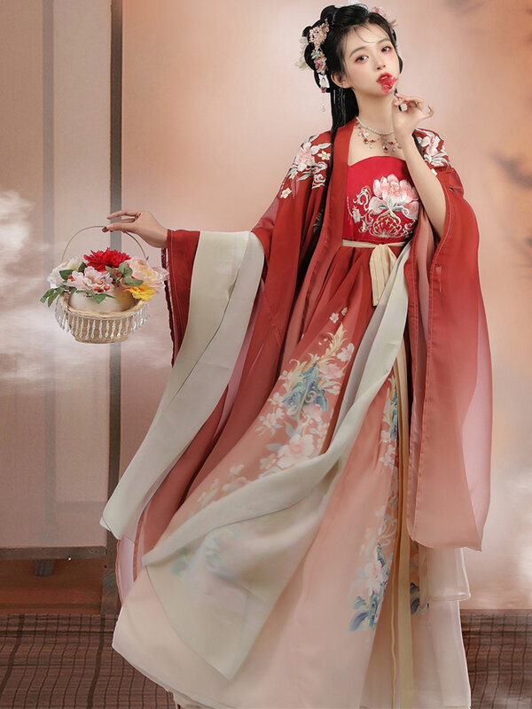 고대 시폰 기모노 Hanfu 드레스 여름 당나라 자수 중국 스타일의 전통 코스프레 스커트 정장 드레스 의상 옷