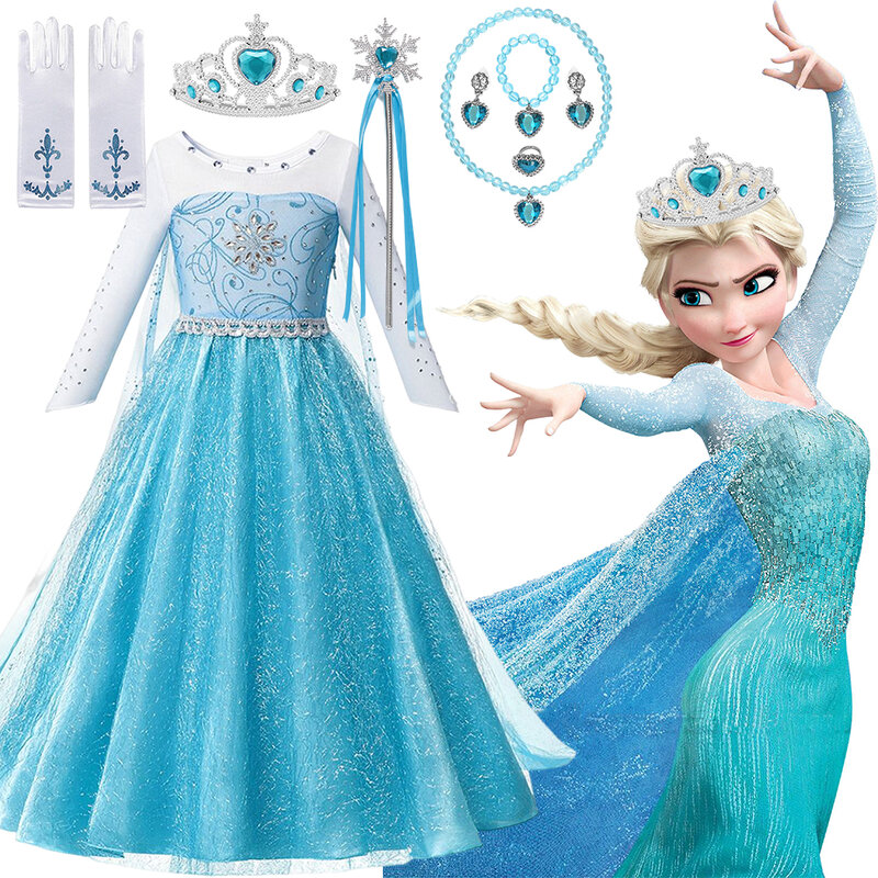 Disney Frozen 2 vestido de princesa para niñas, disfraz de Elsa azul, Reina de la nieve, estampado, cumpleaños, Carnaval, ropa para niños
