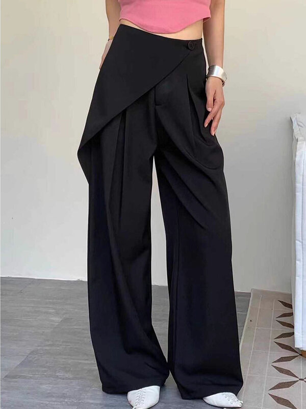 Chic Women Casual Loose Straight Floor Length Suits Pants 2024 Spring Summer Office Ladies High Waist Wide Leg Trousers WP20