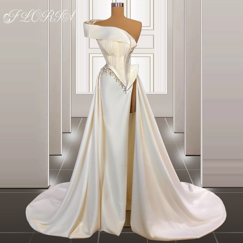 Vestidos De Noiva Ivory Satin Beadings Formal Evening Dresses One Shoulder Dubai Pearls Celebrity Occasion Gowns Custom Made