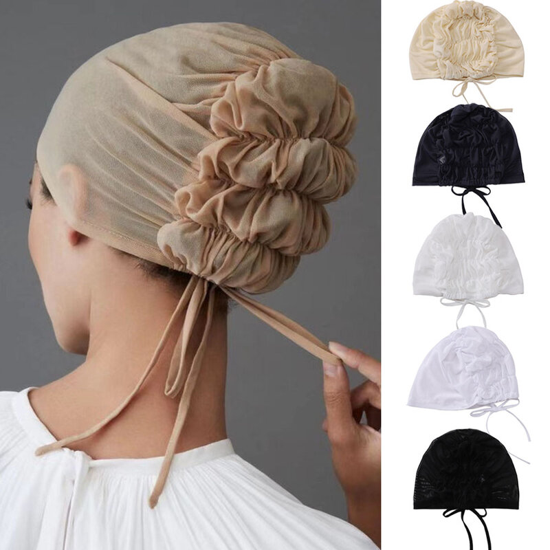 Muslim Women Mesh Breathable Elastic Tie Rope Back Inner Hijab Caps Stretch Underscarf Bonnet Headwrap Hats Turbante Adjustable