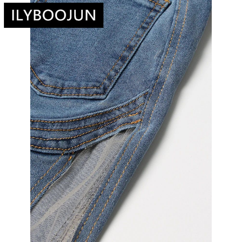 ILYBOOJUN-Sheer بنطال جينز شبكي للنساء ، خصر مرتفع ، جيوب مقسمة ، بنطلون جينز للتنحيف ، طراز عصري للإناث ، مرقع مثير ، جديد