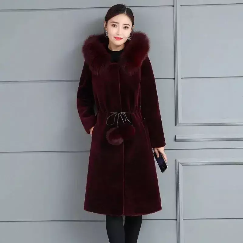 Faux Fur Coat Women Hooded Mink Cashmere Slim Fit Solid Long Sleeve Thick Warm Single Breasted Fur Coat