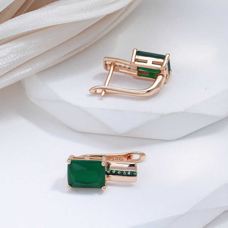 SYOUJYO Square Green Opal Natural Zircon English Earrings For Women Vintage 585 Rose Gold Color Fine Jewelry Black Plating Rings