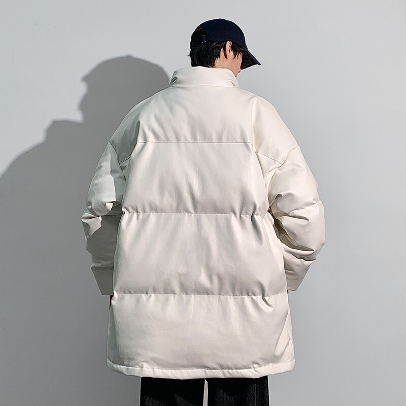 KAPMENTS Winter Leather Puffer Jacket For Men Harajuku Korean Fashions Parkas Black Windbreaker Thick Streetwear Jackets Coats
