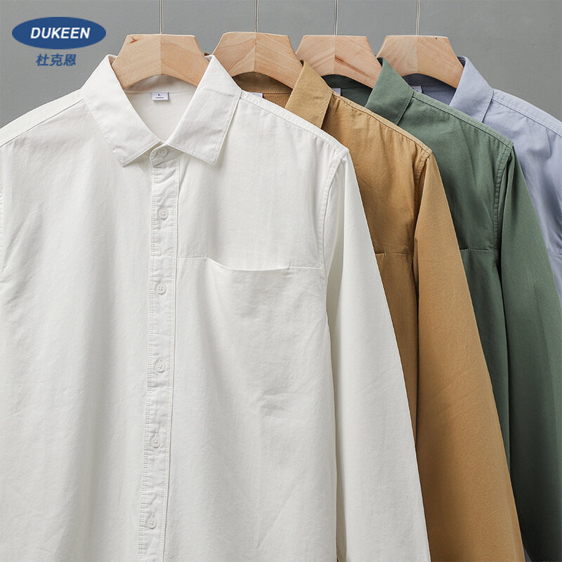 Dukeen-Camisa de manga larga para hombre, ropa Vintage de algodón, Color sólido, informal, solapa blanca