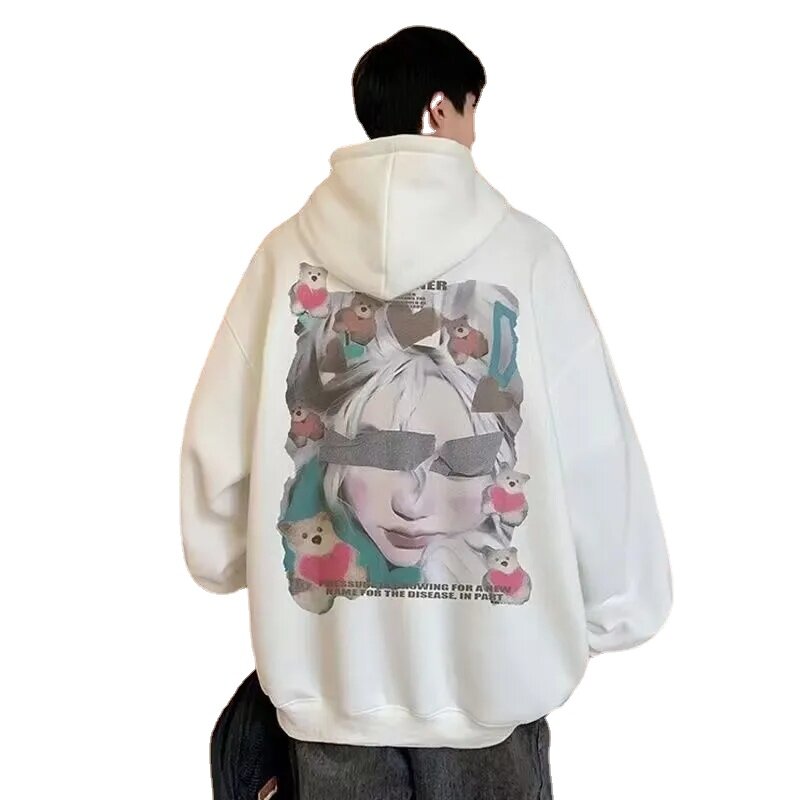 새로운 대형 인쇄 후드 스웨터, 하이 스트리트 느슨한 미국 플러시 두꺼운 커플 고스 하라주쿠 후드 여성 운동복