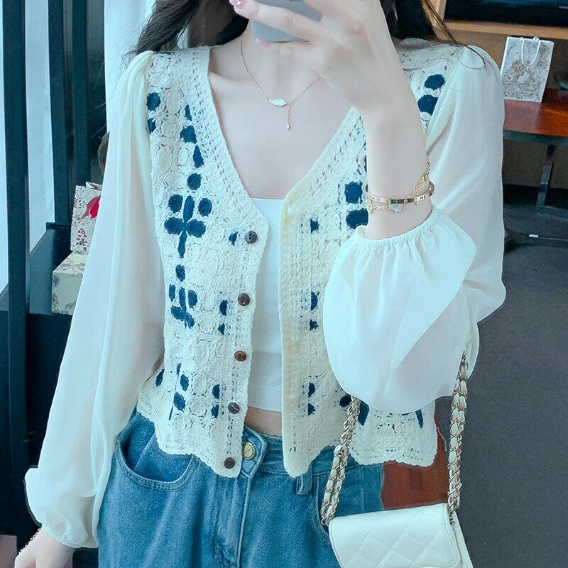 Женская винтажная жаккардовая блузка на пуговицах, повседневная Милая шифоновая блузка с прострочкой, 8010, 2