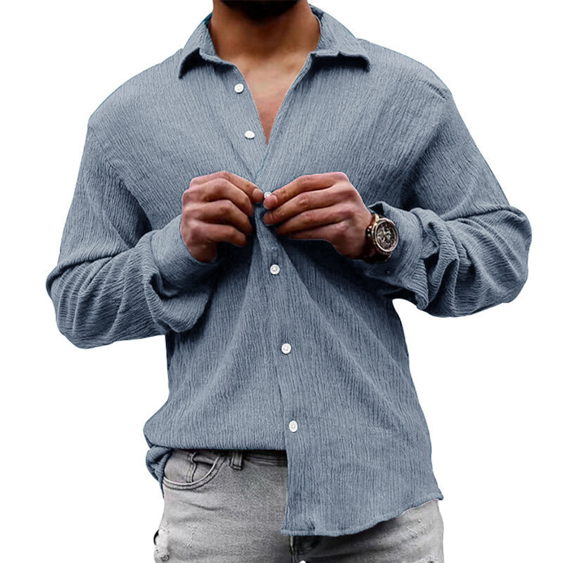 Рубашка и блузка Мужская льняная однотонная, повседневная однобортная Свободная рубашка с длинным рукавом, одежда на осень-весну
