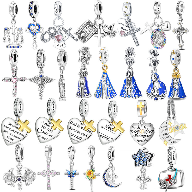 925 sterling silver wings Sister Cross pendant charms fit original Pandora bracelet charm beads necklace Diy female jewelry