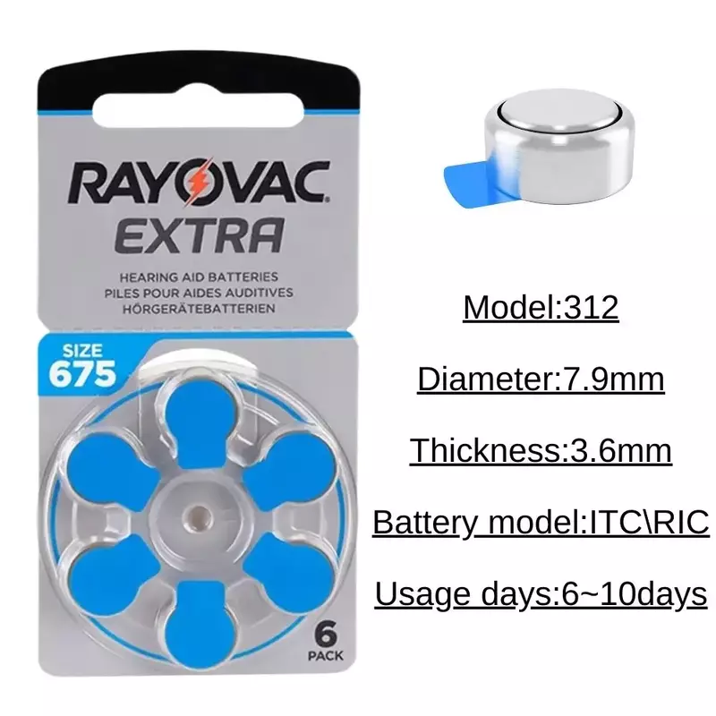 Rayovac ekstra 60 buah A675 alat bantu dengar udara seng baterai 675A 675 A675 PR44 baterai untuk alat bantu dengar BTE