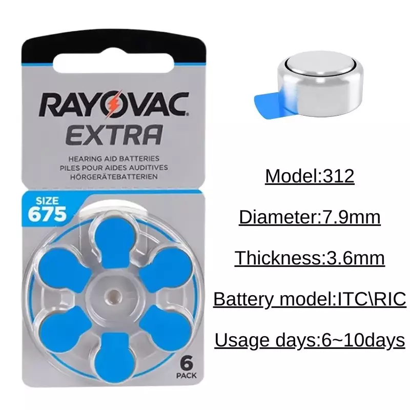 Rayovac Extra 60 PCS A675 Zinc Air Hearing Aids Batteries 675A 675 A675 PR44 Battery For BTE Hearing Aid