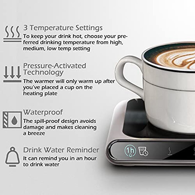 Smart Coffee Mug Warmer para Mesa, Aquecedor de copos, Desligamento automático, Ligado, 3 Configuração de temperatura