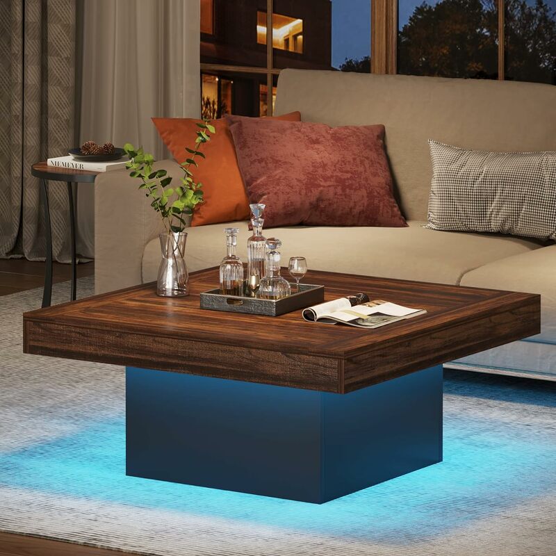 Tribe signs Couch tisch quadratisch LED Couch tisch aus Holz niedriger Couch tisch für Wohnzimmer rustikal braun & schwarz