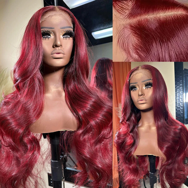 Peluca de cabello humano con encaje Frontal para mujer, postizo de 30 y 36 pulgadas, color rojo borgoña, 99J, 13x4, 13x6, HD