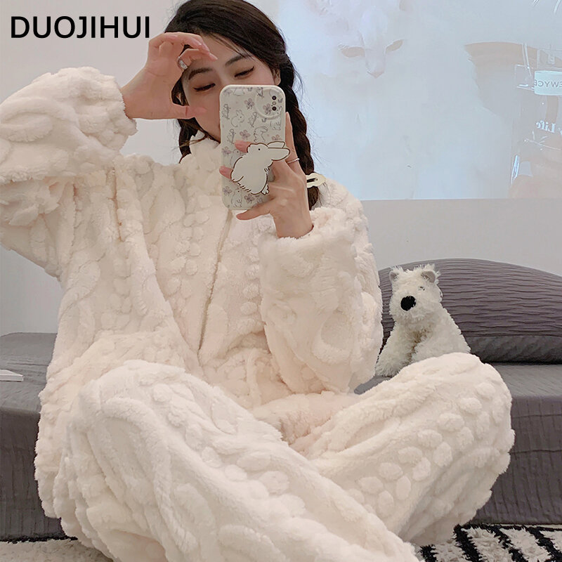 DUOJIHUI-Conjuntos de pijama grosso quente feminino, pulôveres de zíper branco, cor pura, moda doce, roupa de dormir feminina simples, doce, inverno