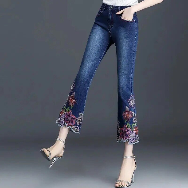 Calça jeans flare feminina, fina, cintura alta, azul escuro, calça jeans casual cortada, moda vintage, primavera, verão