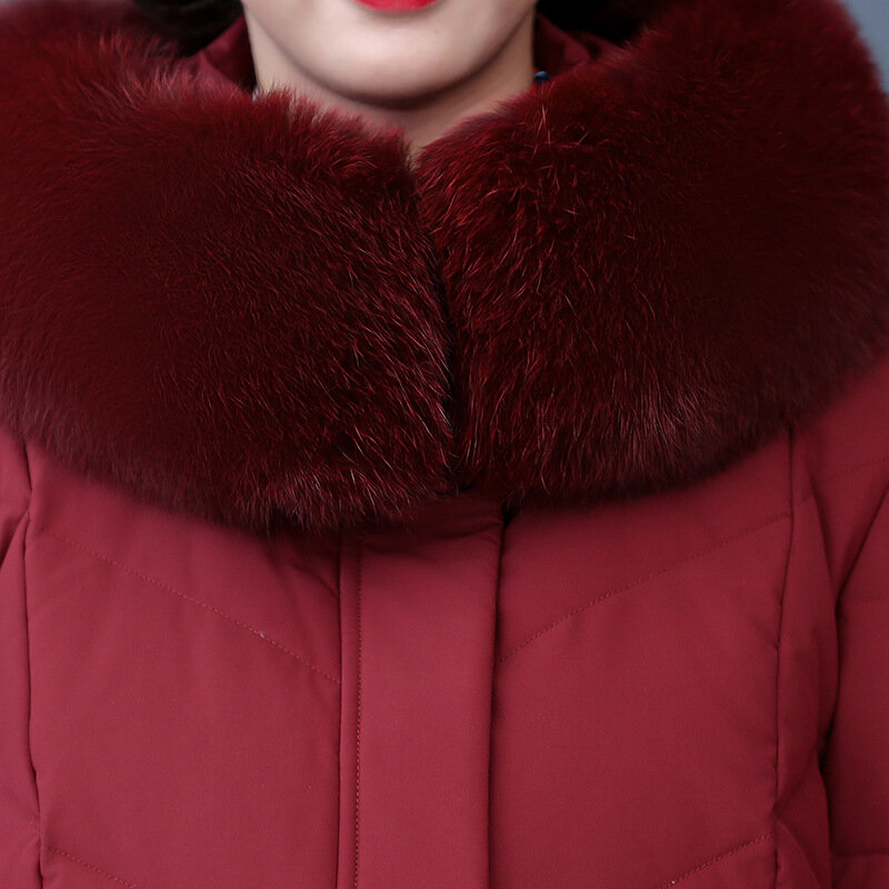 여성 퍼 칼라 화이트 덕 다운 재킷, 중간 길이 2021, 중년 노년 엄마 빅 사이즈 후드, 겨울 신상