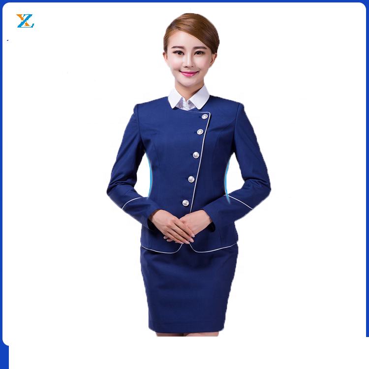 Elegante gonna blu uniforme da hostess della compagnia aerea uniforme da hostess sexy per le donne