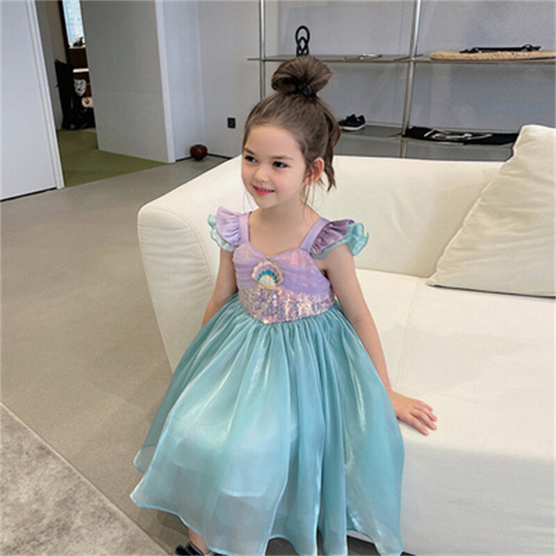 Summer Casual Dress Mermaid Princess Style Mesh Soft And Skin Friendly Fashion Skirt Sleeveless Knee Length Dresses 1-8 Years