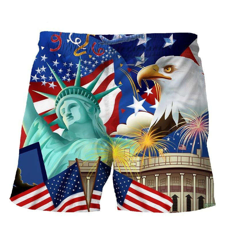 Calção de praia masculino com bandeira americana, impressão 3D, gráfico Estátua da Liberdade, calção de banho extragrande, calça curta de verão, roupas, novo