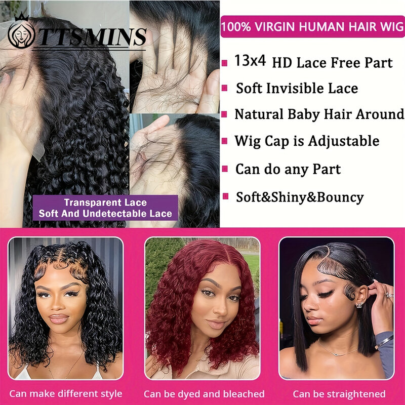 Вьющиеся, глубокие, волнистые, короткие, Боб, парик плотностью 180%, предварительно выщипанные человеческие волосы для женщин, прозрачные, 13x 4, кружевные передние парики, натуральные, оптовая продажа