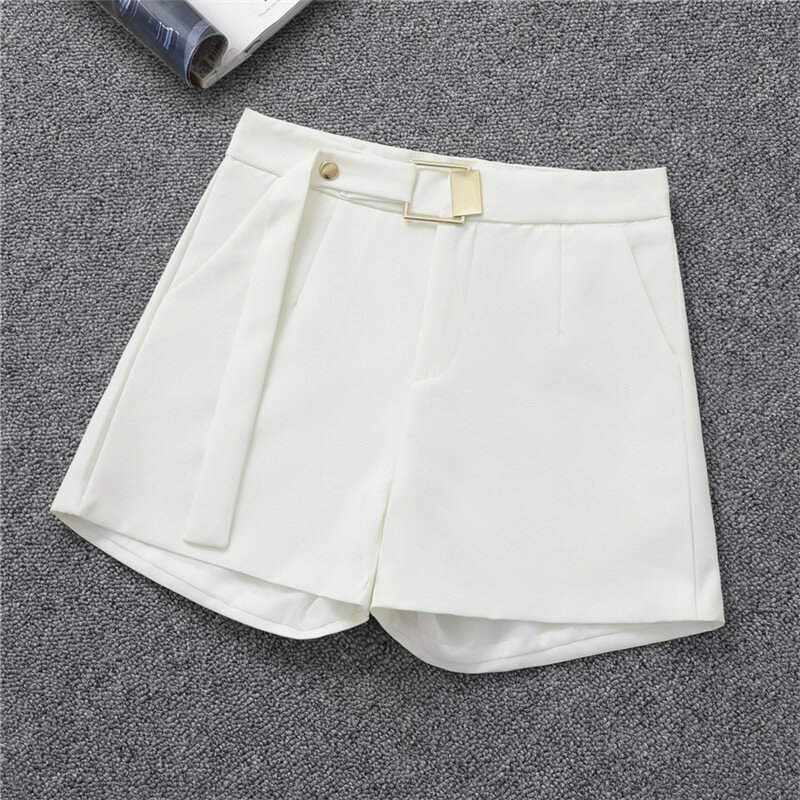 Koreańska, krótka konstrukcja biały garnitur szorty dla kobiet 2022 wiosna moda jednolity wysoki stan zielony szeroko nogawkowe szorty spódnice z paskiem
