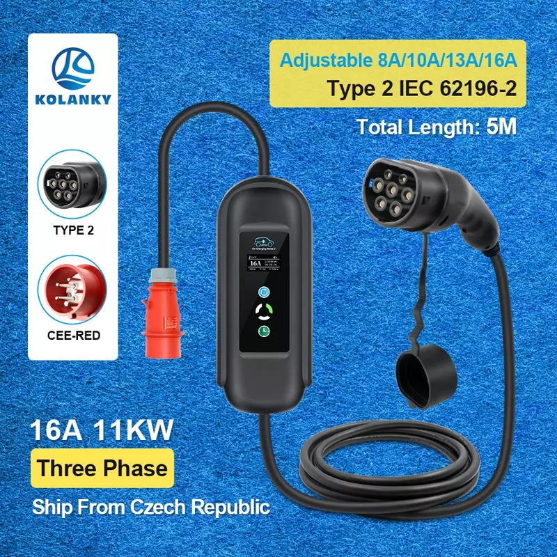 Kolanky 16A 11KW Moible EV Charger Wallbox Type 2 IEC-62169 Standard Plug Charging For Eletric Vehicle Hybrid Cars Cable 5M