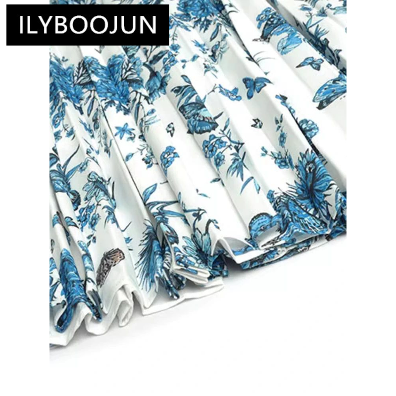 ILYBOOJUN 패션 디자이너 여름 프린트 원피스 여성용 O-넥 반팔 띠는 할로우 아웃 패치워크 하이 스트리트 플리츠 원피스