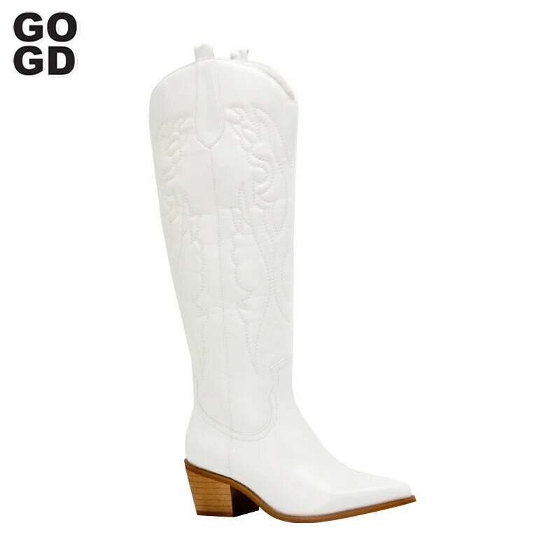 GOGD-Botas altas no joelho retro para mulheres, branco, confortável, andando, fêmea, bota de cowboy ocidental, outono, inverno, tamanho grande 41, Dropshipping