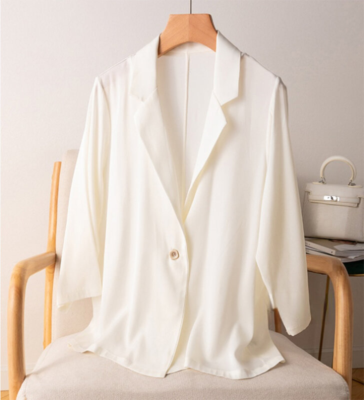 Women 95% Mulberry Silk 5% Spandex 19 momme Black White Brown One Button Blazer Jacket office work M L XL YAMI0050