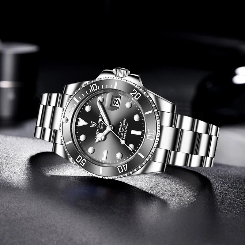 LIGE jam tangan Mekanikal pria, arloji otomatis Stainless Steel untuk lelaki 2024