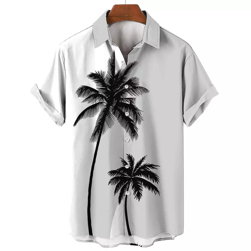 Kemeja pantai pohon kelapa dicetak, kemeja Hawaii gaya sederhana musim panas pria tepi pantai cepat kering lengan pendek pakaian kasual pria