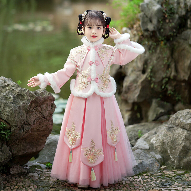 Children's Hanfu Little Girl's 2022 New Girl's Tang Costume Chinese New Year's Dress With Velvet And Thick Cheongsam Winter Dres