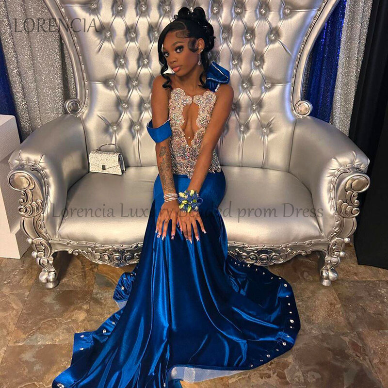 Crystals 2024 Blue Mermaid Prom Dress For Black Girls  Beads Rhinestones Evening Party Formal Sleeveless robe chic soirée