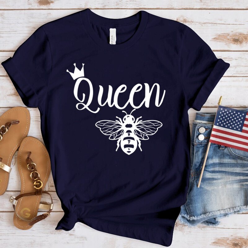 Kaus Wanita Mode musim panas Bee Queen kaus oblong pakaian jalanan populer grafis wanita pakaian longgar