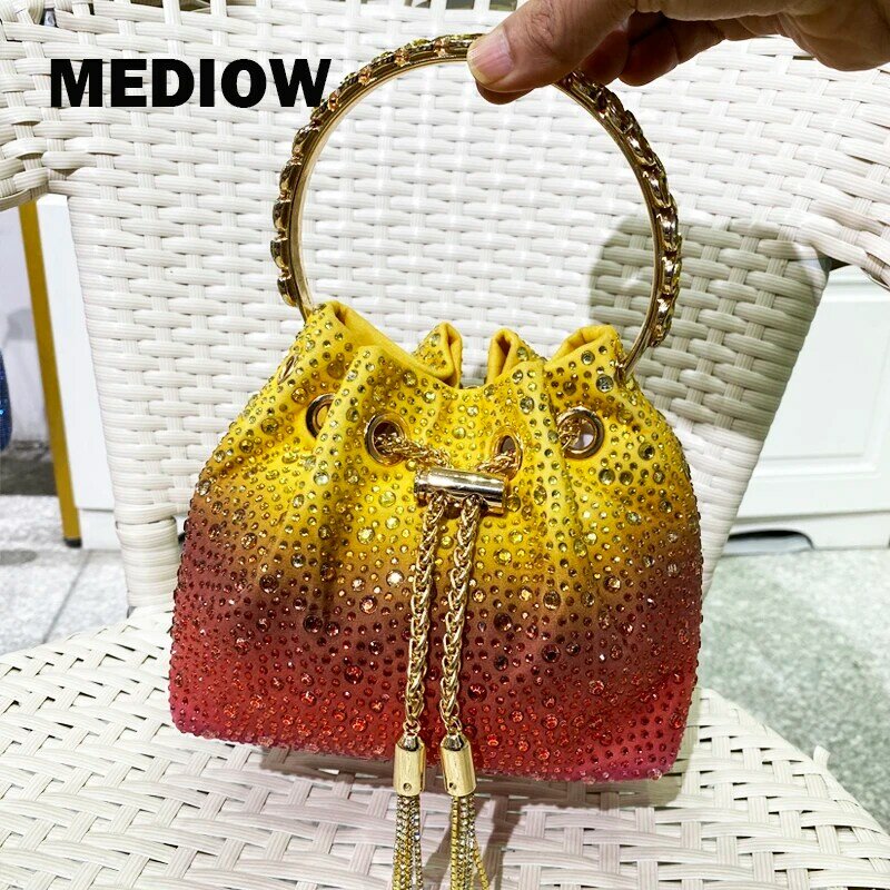 Mini Evening Bag For Women Luxury Designer Top Handle Bucket Bags 2023 New In PU Inlaid Imitation Diamond Tassel Chain Crossbody